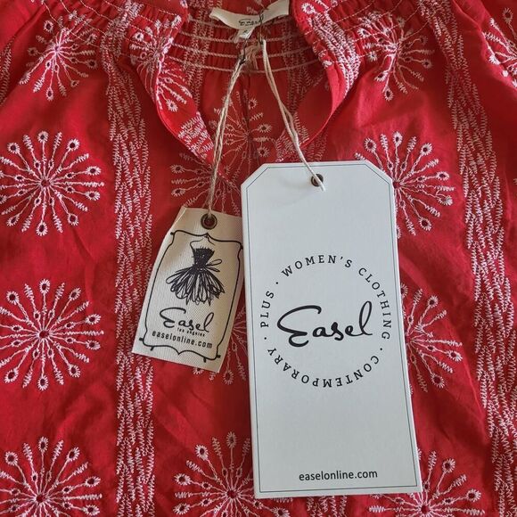 NEW Easel Small Red Tunic Blouse All Cotton Pullover White Eyelet Smocked BOHO - Picture 15 of 15